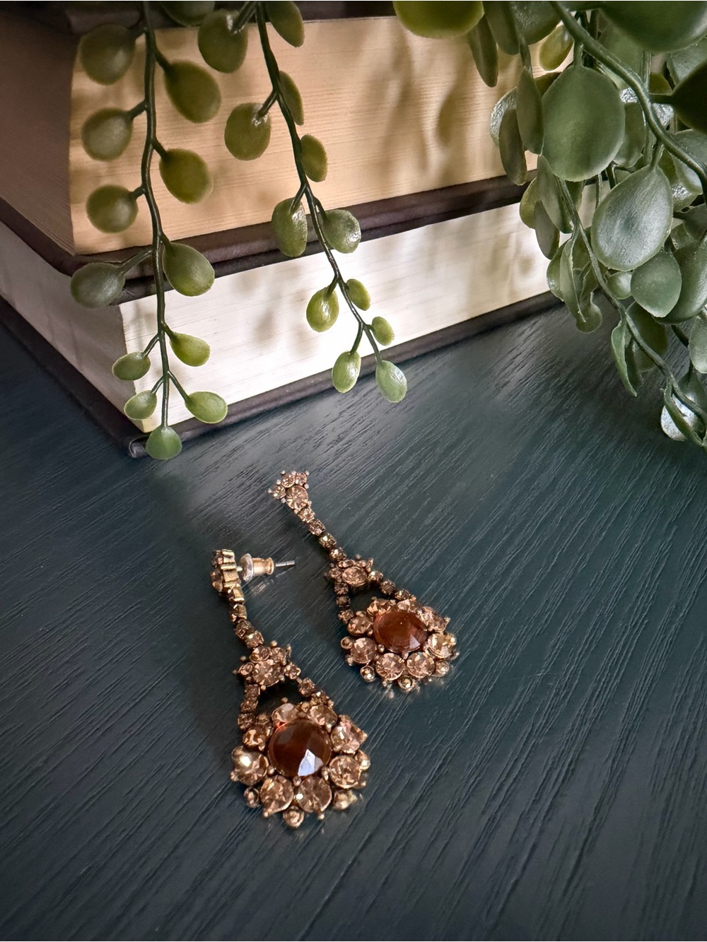 Gold-tone Dangle Chandelier Earrings with Amber & Champagne Crystals